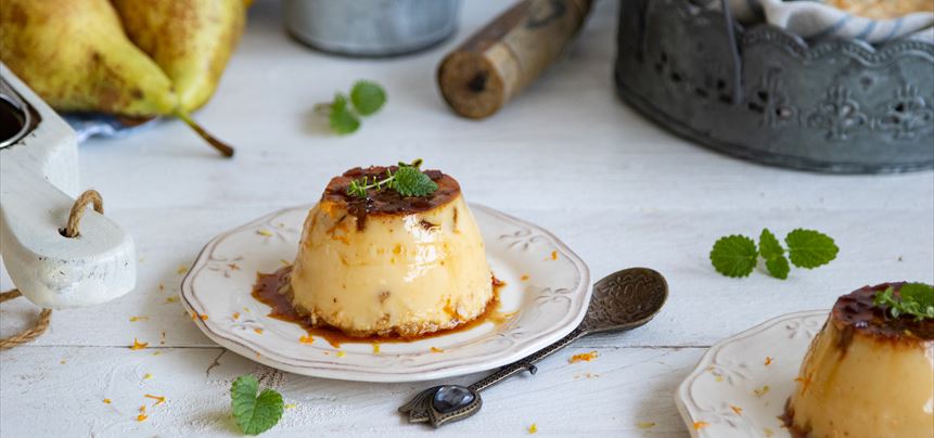 Imagen de Flan de pera con leche condensada, naranja y limón