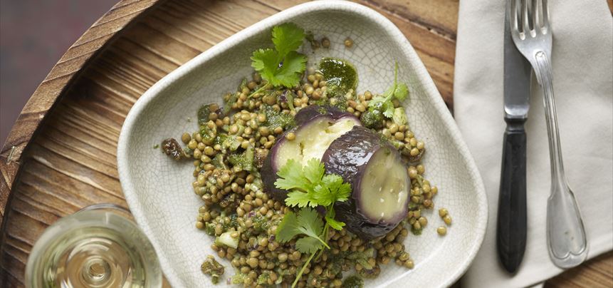 Imagen de Ensalada de lentejas con berenjenas y pesto