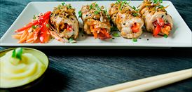 Imagen de Rollitos de pavo con zanahoria con puré verde